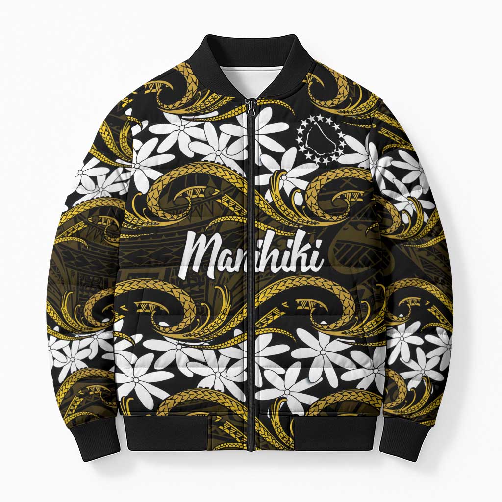 Personalised Cook Islands Manihiki Bomber Puffer Jacket Tiare Maori Polynesian Waves Tattoo