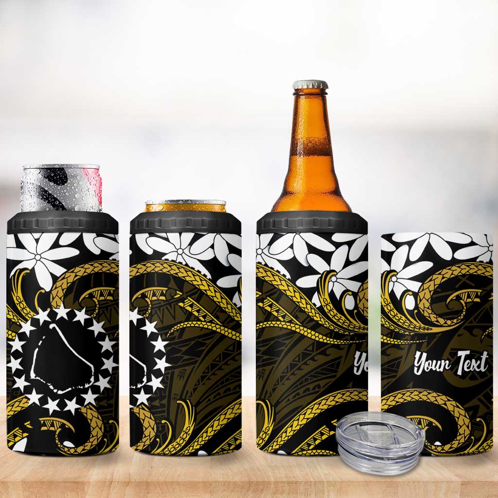 Personalised Cook Islands Manihiki 4 in 1 Can Cooler Tumbler Tiare Maori Polynesian Waves Tattoo
