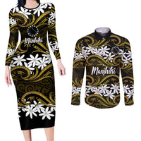 Personalised Cook Islands Manihiki Couples Matching Long Sleeve Bodycon Dress and Long Sleeve Button Shirt Tiare Maori Polynesian Waves Tattoo LT14 Gold - Polynesian Pride