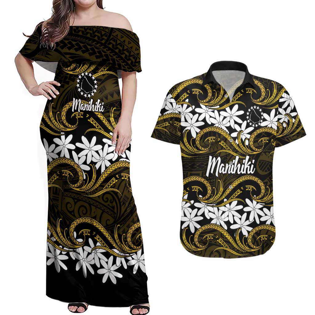 Personalised Cook Islands Manihiki Couples Matching Off Shoulder Maxi Dress and Hawaiian Shirt Tiare Maori Polynesian Waves Tattoo LT14 Gold - Polynesian Pride