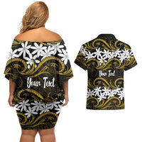 Personalised Cook Islands Manihiki Couples Matching Off Shoulder Short Dress and Hawaiian Shirt Tiare Maori Polynesian Waves Tattoo LT14 - Polynesian Pride