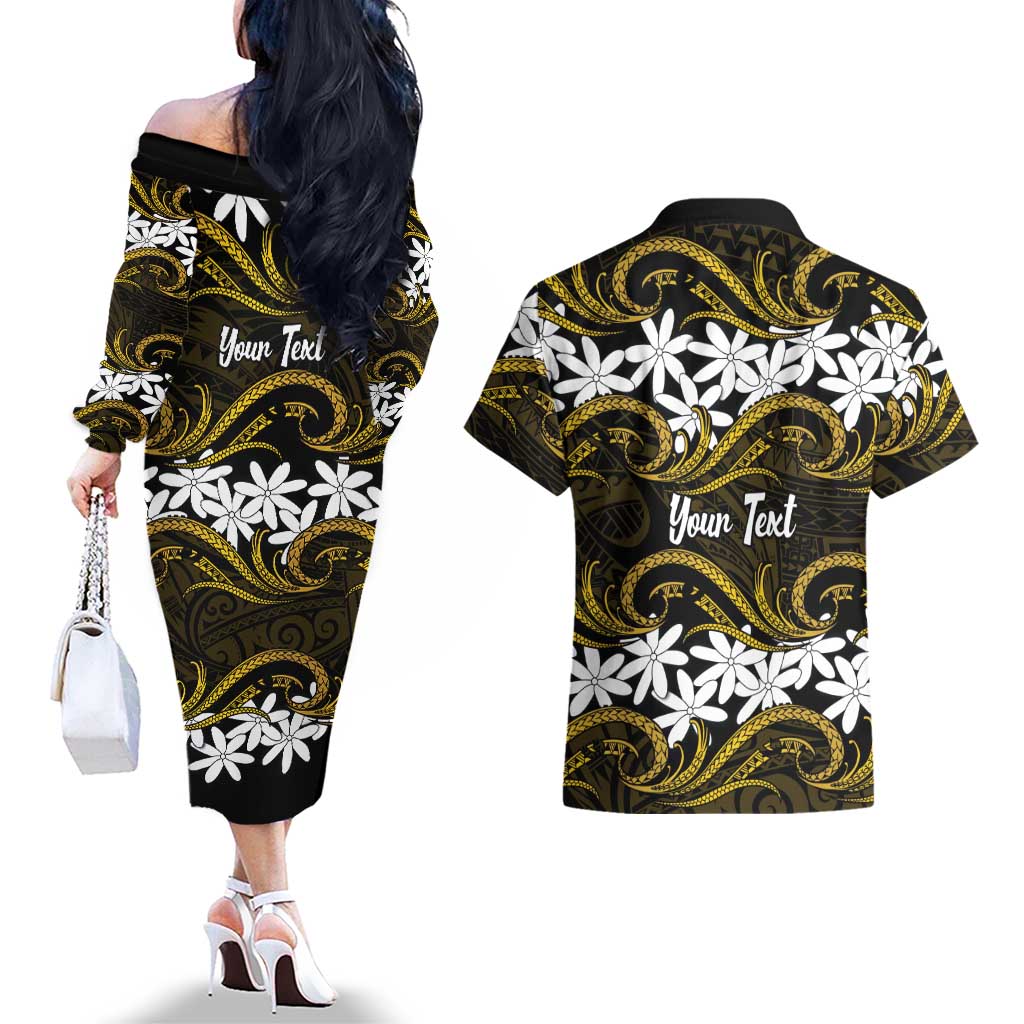 Personalised Cook Islands Manihiki Couples Matching Off The Shoulder Long Sleeve Dress and Hawaiian Shirt Tiare Maori Polynesian Waves Tattoo LT14 - Polynesian Pride