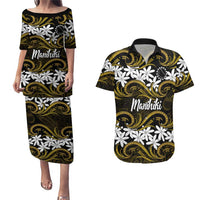 Personalised Cook Islands Manihiki Couples Matching Puletasi and Hawaiian Shirt Tiare Maori Polynesian Waves Tattoo