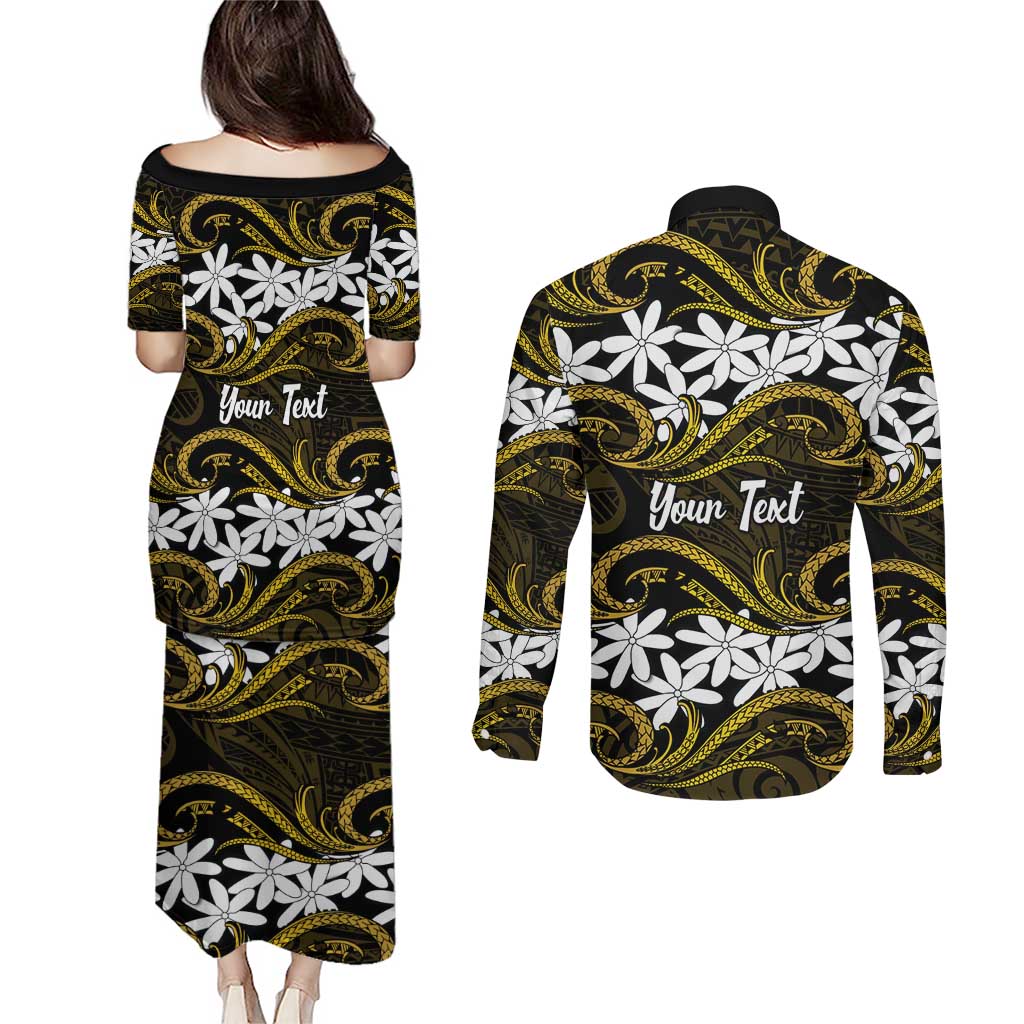 Personalised Cook Islands Manihiki Couples Matching Puletasi and Long Sleeve Button Shirt Tiare Maori Polynesian Waves Tattoo