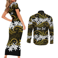 Personalised Cook Islands Manihiki Couples Matching Short Sleeve Bodycon Dress and Long Sleeve Button Shirt Tiare Maori Polynesian Waves Tattoo LT14 - Polynesian Pride