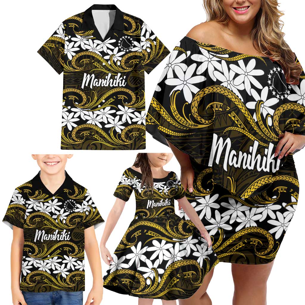 Personalised Cook Islands Manihiki Family Matching Off Shoulder Short Dress and Hawaiian Shirt Tiare Maori Polynesian Waves Tattoo