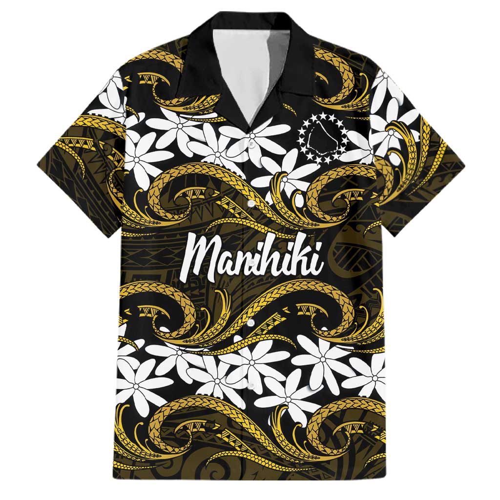 Personalised Cook Islands Manihiki Family Matching Off Shoulder Short Dress and Hawaiian Shirt Tiare Maori Polynesian Waves Tattoo