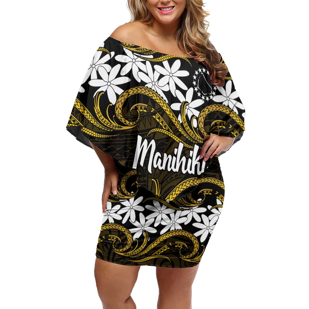 Personalised Cook Islands Manihiki Family Matching Off Shoulder Short Dress and Hawaiian Shirt Tiare Maori Polynesian Waves Tattoo