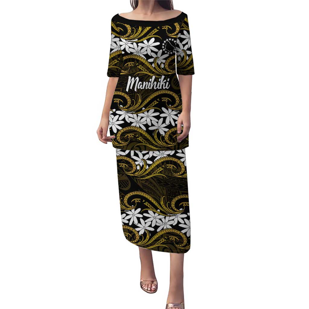 Personalised Cook Islands Manihiki Family Matching Puletasi and Hawaiian Shirt Tiare Maori Polynesian Waves Tattoo LT14 Mom's Dress Gold - Polynesian Pride