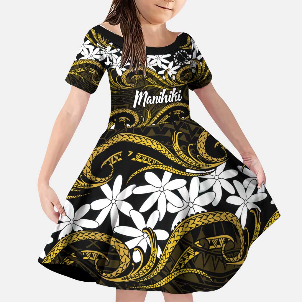 Personalised Cook Islands Manihiki Family Matching Summer Maxi Dress and Hawaiian Shirt Tiare Maori Polynesian Waves Tattoo LT14 Daughter's Dress Gold - Polynesian Pride