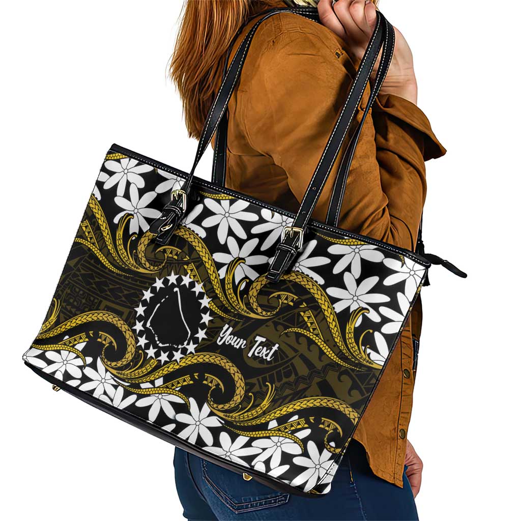 Personalised Cook Islands Manihiki Leather Tote Bag Tiare Maori Polynesian Waves Tattoo