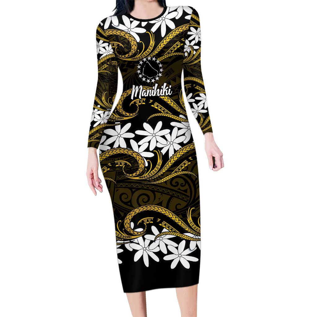 Personalised Cook Islands Manihiki Long Sleeve Bodycon Dress Tiare Maori Polynesian Waves Tattoo