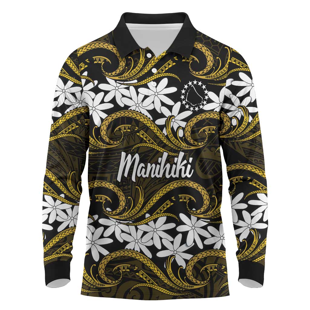 Personalised Cook Islands Manihiki Long Sleeve Polo Shirt Tiare Maori Polynesian Waves Tattoo