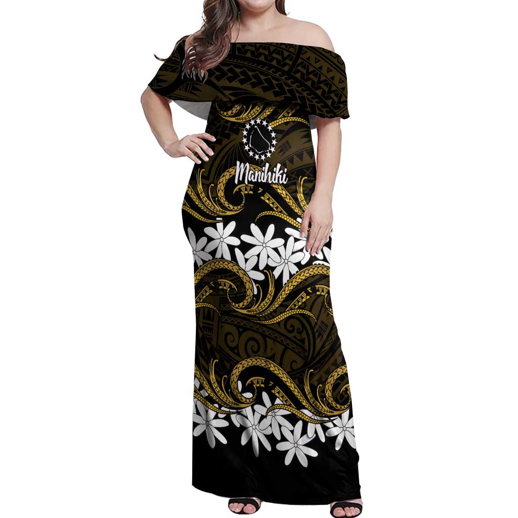 Personalised Cook Islands Manihiki Off Shoulder Maxi Dress Tiare Maori Polynesian Waves Tattoo