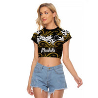 Personalised Cook Islands Manihiki Raglan Cropped T Shirt Tiare Maori Polynesian Waves Tattoo LT14 Female Gold - Polynesian Pride
