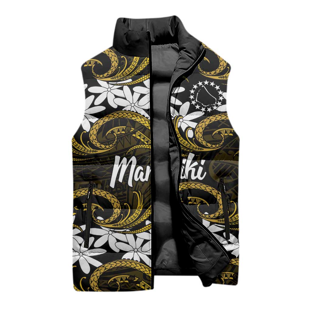 Personalised Cook Islands Manihiki Sleeveless Puffer Jacket Tiare Maori Polynesian Waves Tattoo LT14 - Polynesian Pride