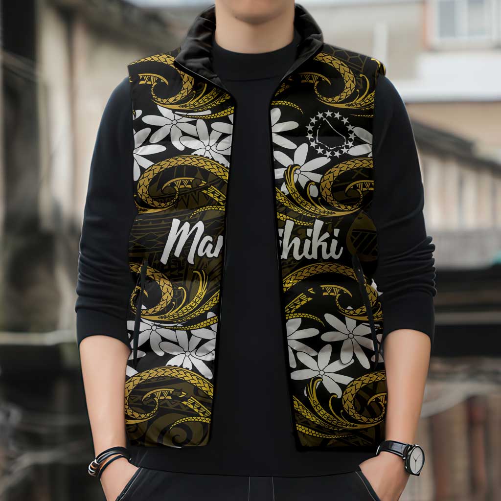 Personalised Cook Islands Manihiki Sleeveless Puffer Jacket Tiare Maori Polynesian Waves Tattoo LT14 - Polynesian Pride