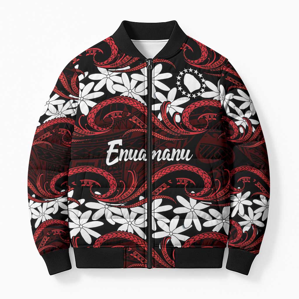 Personalised Cook Islands Atiu Enuamanu Bomber Puffer Jacket Tiare Maori Polynesian Waves Tattoo