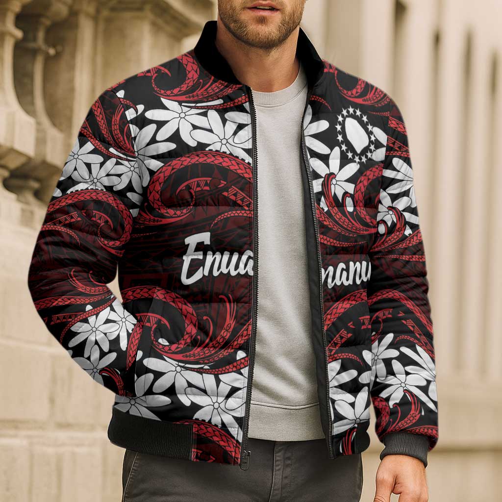 Personalised Cook Islands Atiu Enuamanu Bomber Puffer Jacket Tiare Maori Polynesian Waves Tattoo