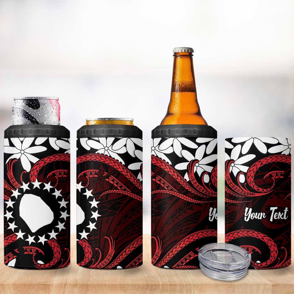 Personalised Cook Islands Atiu Enuamanu 4 in 1 Can Cooler Tumbler Tiare Maori Polynesian Waves Tattoo