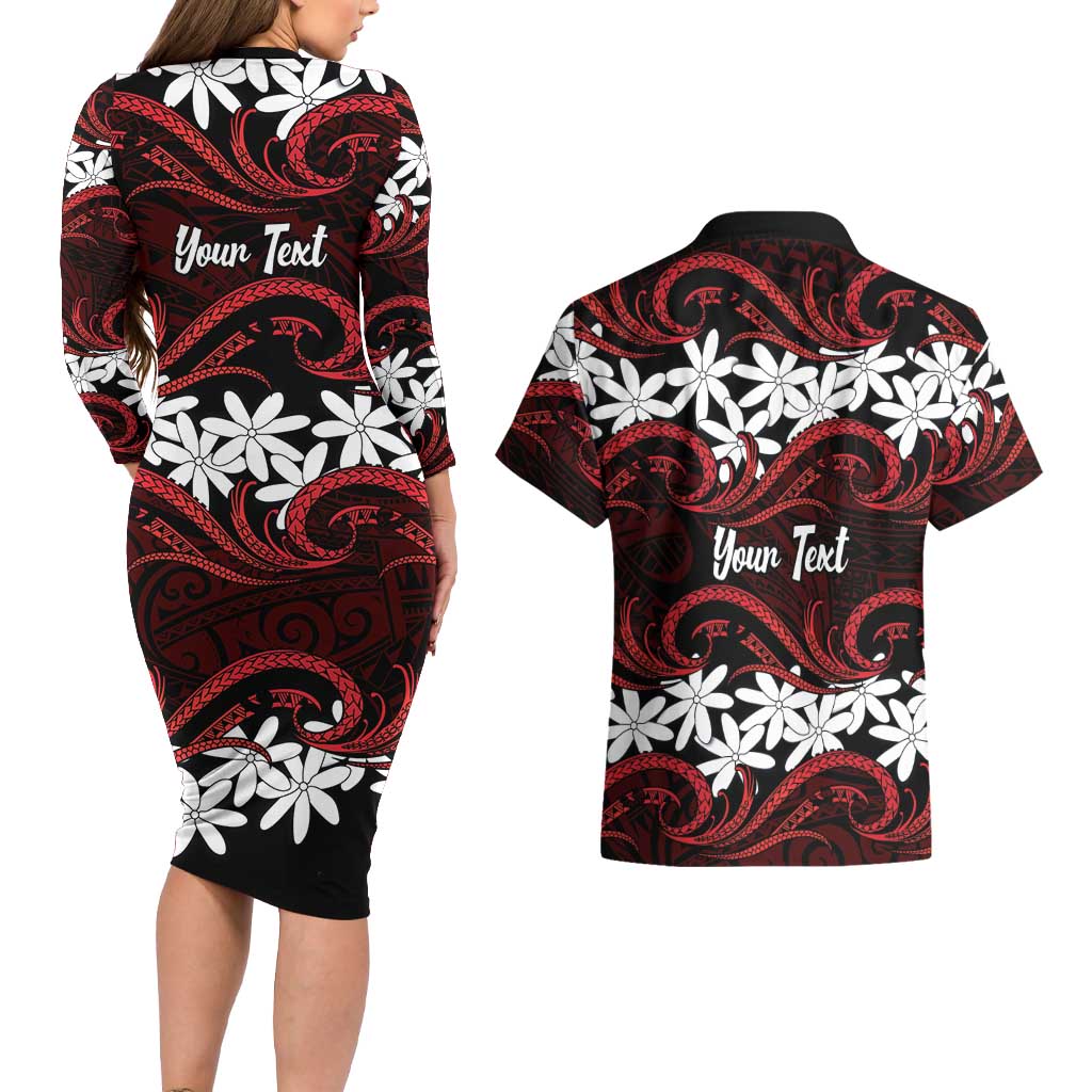 Personalised Cook Islands Atiu Enuamanu Couples Matching Long Sleeve Bodycon Dress and Hawaiian Shirt Tiare Maori Polynesian Waves Tattoo LT14 - Polynesian Pride