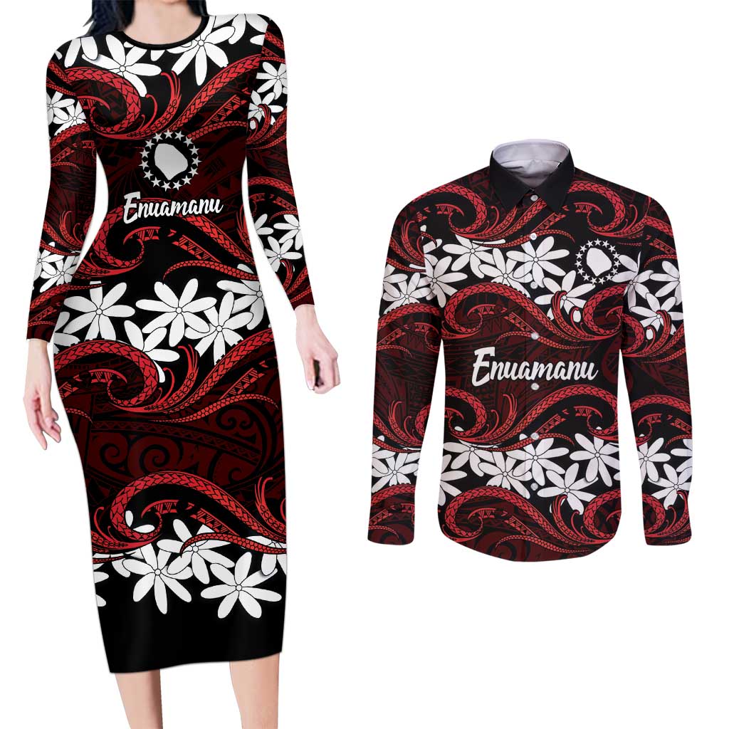Personalised Cook Islands Atiu Enuamanu Couples Matching Long Sleeve Bodycon Dress and Long Sleeve Button Shirt Tiare Maori Polynesian Waves Tattoo LT14 Red - Polynesian Pride