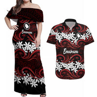 Personalised Cook Islands Atiu Enuamanu Couples Matching Off Shoulder Maxi Dress and Hawaiian Shirt Tiare Maori Polynesian Waves Tattoo LT14 Red - Polynesian Pride
