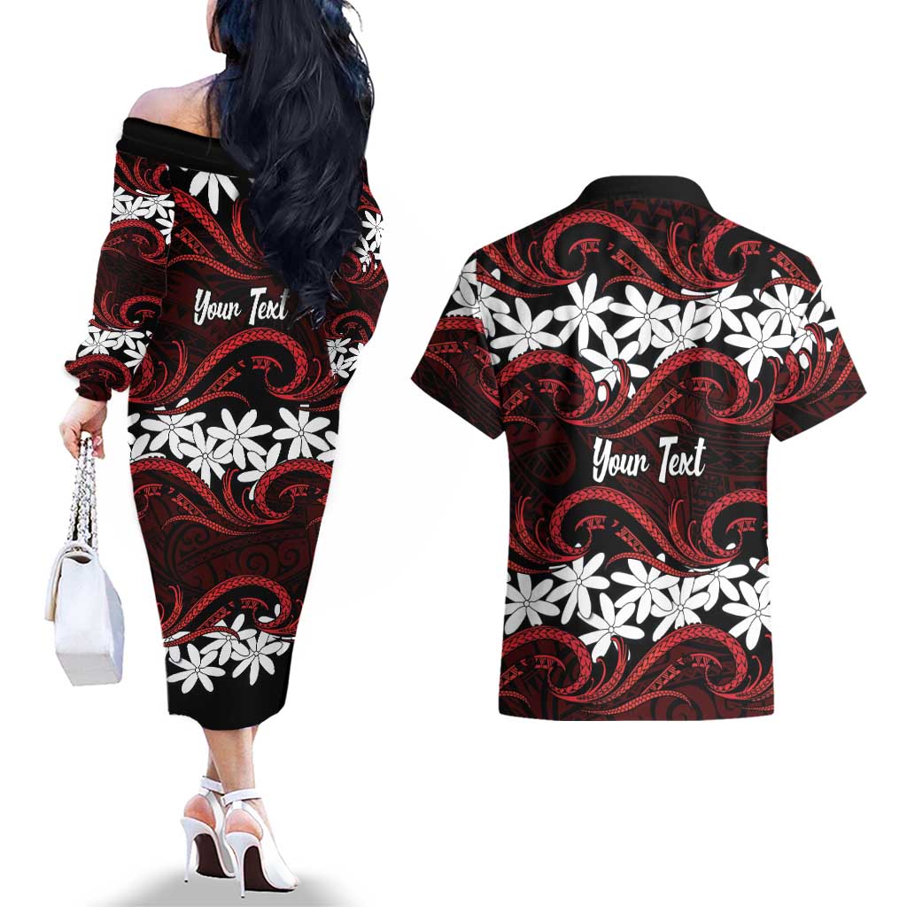 Personalised Cook Islands Atiu Enuamanu Couples Matching Off The Shoulder Long Sleeve Dress and Hawaiian Shirt Tiare Maori Polynesian Waves Tattoo LT14 - Polynesian Pride