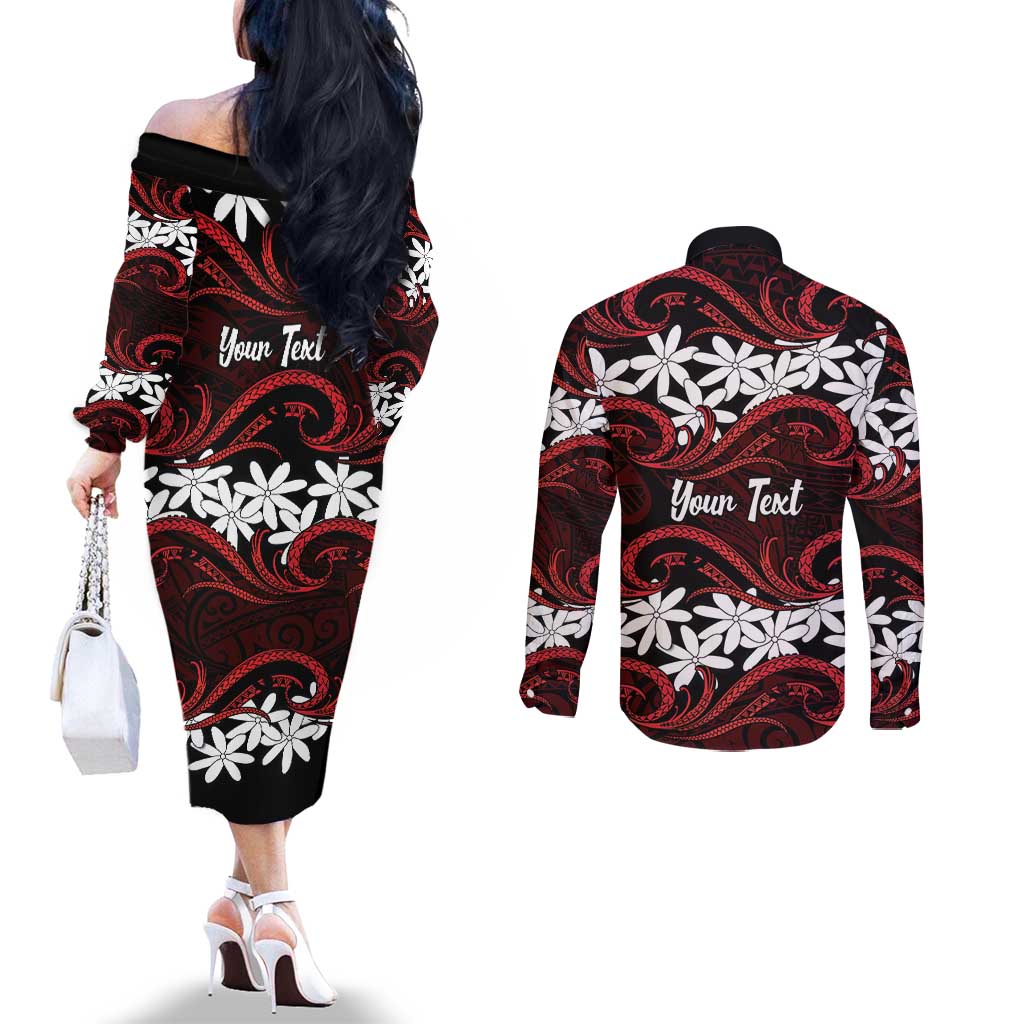 Personalised Cook Islands Atiu Enuamanu Couples Matching Off The Shoulder Long Sleeve Dress and Long Sleeve Button Shirt Tiare Maori Polynesian Waves Tattoo LT14 - Polynesian Pride