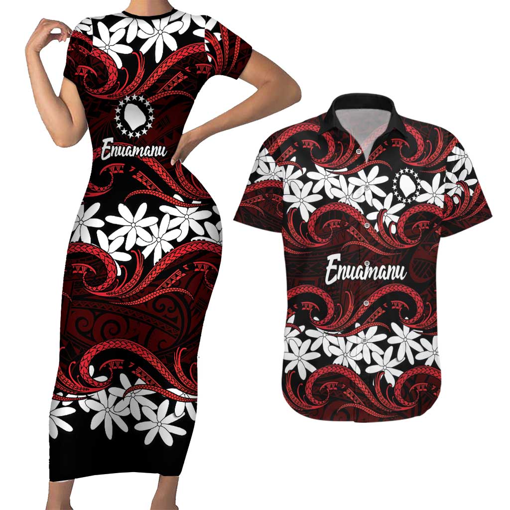 Personalised Cook Islands Atiu Enuamanu Couples Matching Short Sleeve Bodycon Dress and Hawaiian Shirt Tiare Maori Polynesian Waves Tattoo