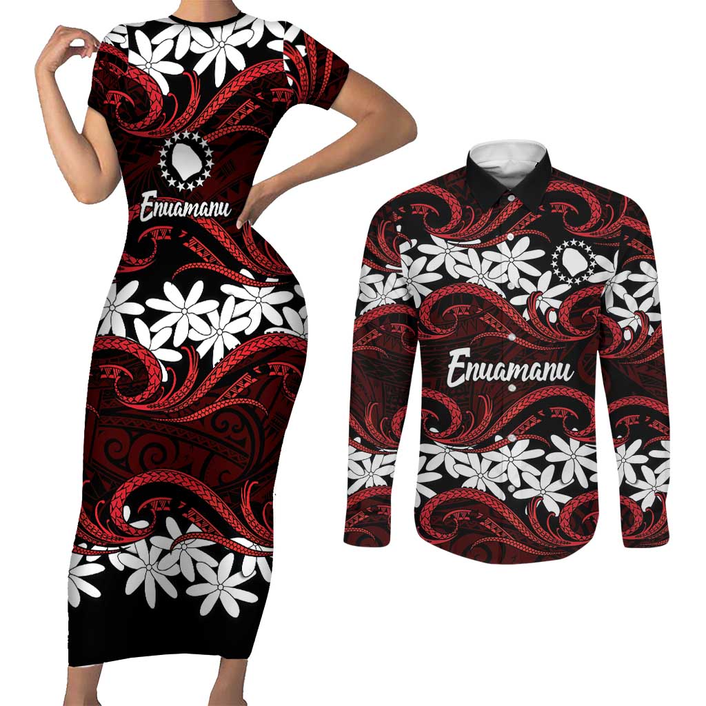 Personalised Cook Islands Atiu Enuamanu Couples Matching Short Sleeve Bodycon Dress and Long Sleeve Button Shirt Tiare Maori Polynesian Waves Tattoo LT14 Red - Polynesian Pride