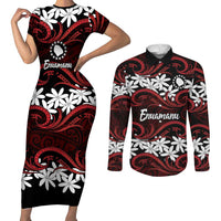 Personalised Cook Islands Atiu Enuamanu Couples Matching Short Sleeve Bodycon Dress and Long Sleeve Button Shirt Tiare Maori Polynesian Waves Tattoo LT14 Red - Polynesian Pride