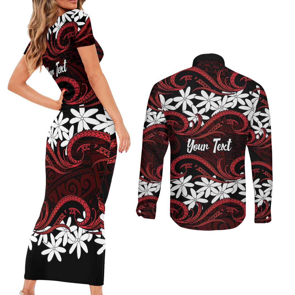 Personalised Cook Islands Atiu Enuamanu Couples Matching Short Sleeve Bodycon Dress and Long Sleeve Button Shirt Tiare Maori Polynesian Waves Tattoo LT14 - Polynesian Pride