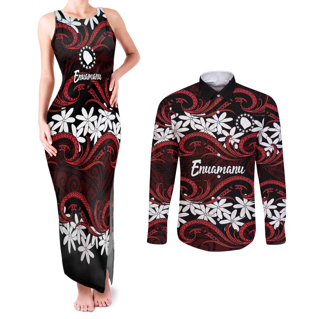 Personalised Cook Islands Atiu Enuamanu Couples Matching Tank Maxi Dress and Long Sleeve Button Shirt Tiare Maori Polynesian Waves Tattoo