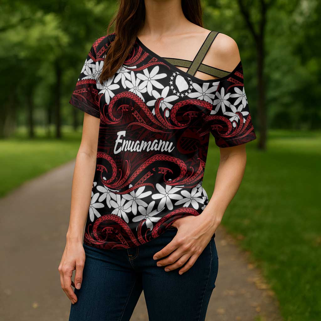 Personalised Cook Islands Atiu Enuamanu Cross Shoulder Shirt Tiare Maori Polynesian Waves Tattoo