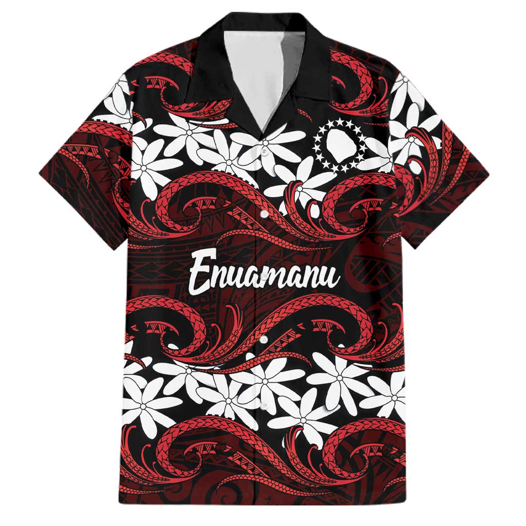Personalised Cook Islands Atiu Enuamanu Family Matching Puletasi and Hawaiian Shirt Tiare Maori Polynesian Waves Tattoo LT14 Dad's Shirt - Short Sleeve Red - Polynesian Pride