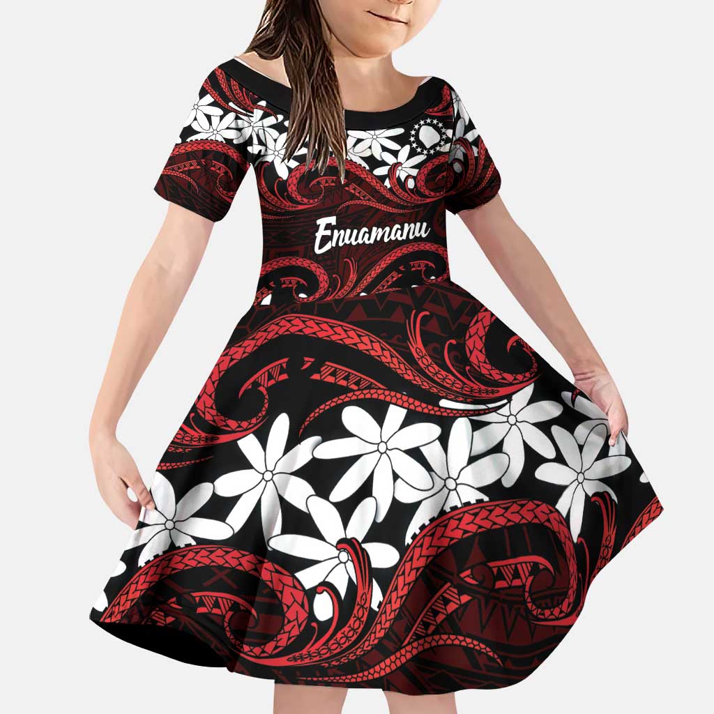 Personalised Cook Islands Atiu Enuamanu Family Matching Summer Maxi Dress and Hawaiian Shirt Tiare Maori Polynesian Waves Tattoo LT14 Daughter's Dress Red - Polynesian Pride