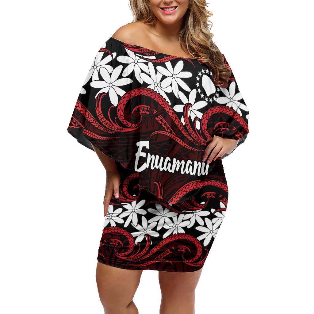 Personalised Cook Islands Atiu Enuamanu Off Shoulder Short Dress Tiare Maori Polynesian Waves Tattoo