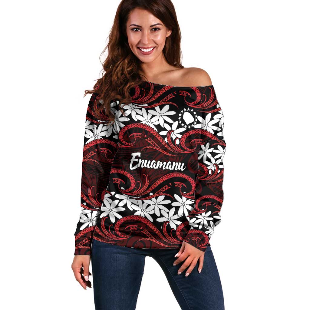Personalised Cook Islands Atiu Enuamanu Off Shoulder Sweater Tiare Maori Polynesian Waves Tattoo
