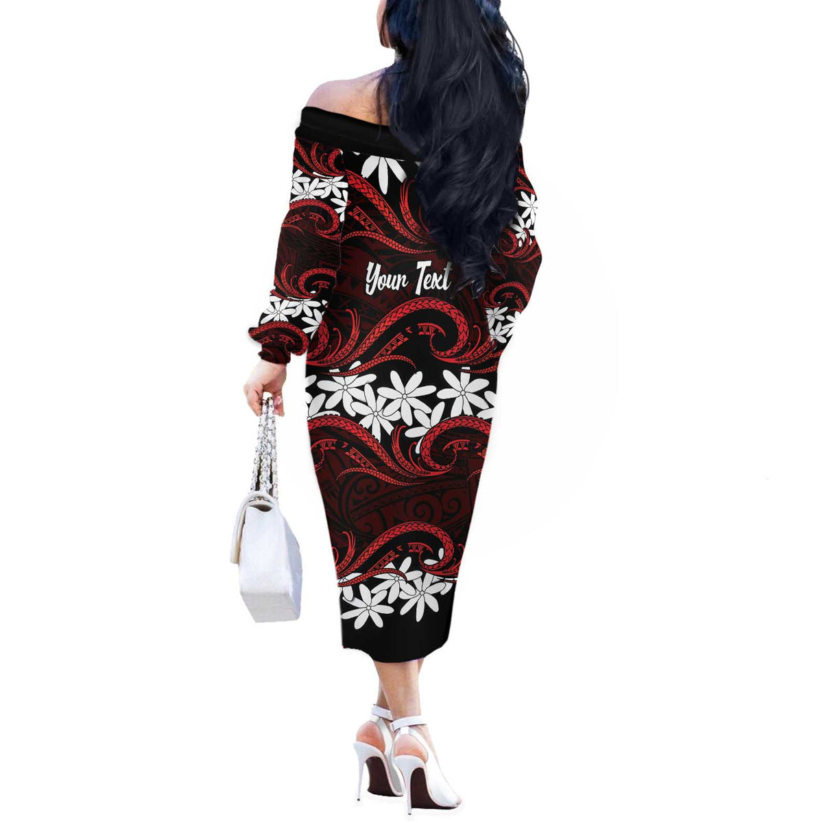 Personalised Cook Islands Atiu Enuamanu Off The Shoulder Long Sleeve Dress Tiare Maori Polynesian Waves Tattoo