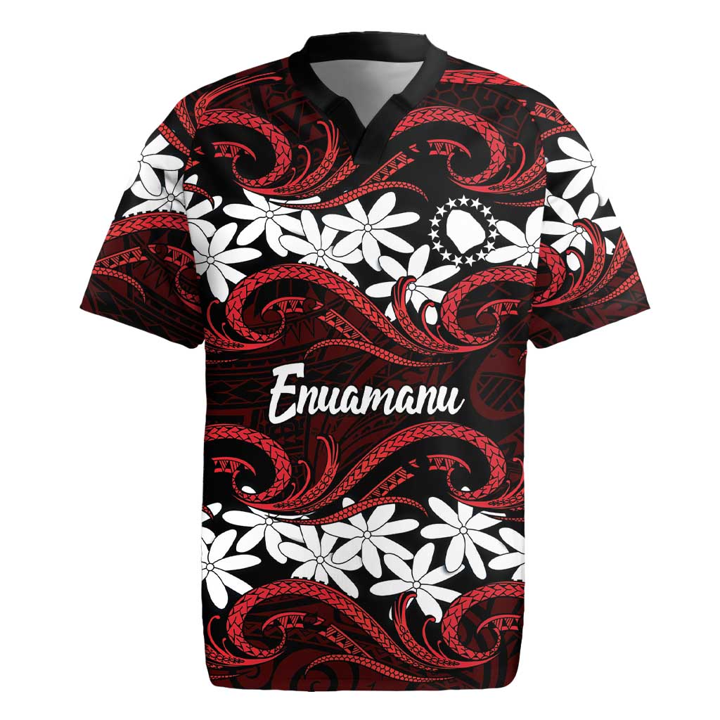 Personalised Cook Islands Atiu Enuamanu Rugby Jersey Tiare Maori Polynesian Waves Tattoo