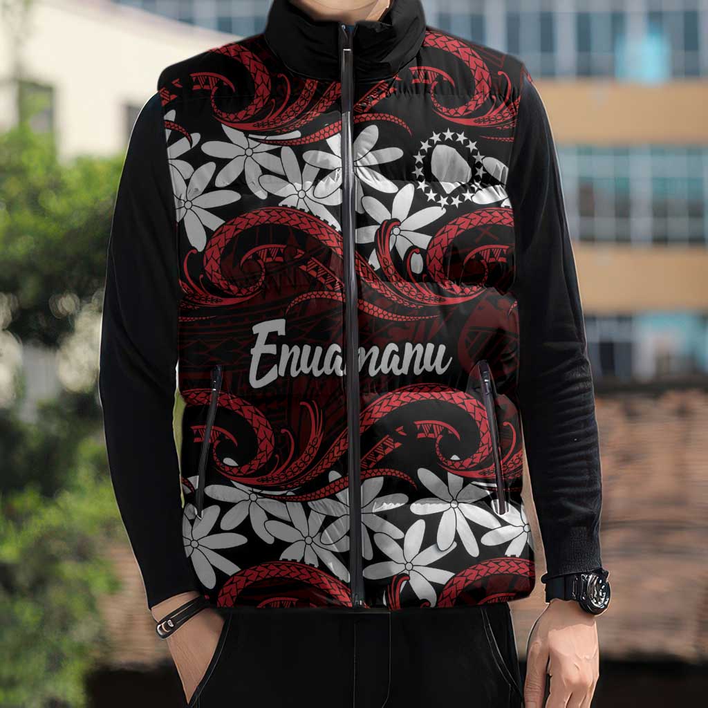 Personalised Cook Islands Atiu Enuamanu Sleeveless Puffer Jacket Tiare Maori Polynesian Waves Tattoo LT14 - Polynesian Pride