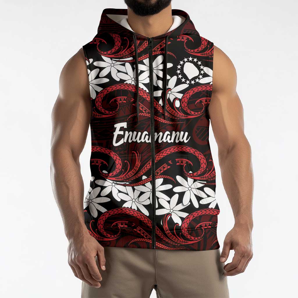 Personalised Cook Islands Atiu Enuamanu Sleeveless Zip Hoodie Tiare Maori Polynesian Waves Tattoo LT14 - Polynesian Pride
