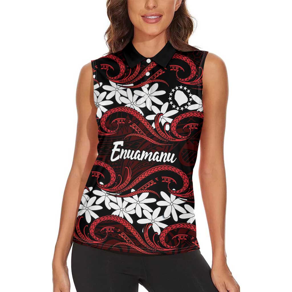Personalised Cook Islands Atiu Enuamanu Women Sleeveless Polo Shirt Tiare Maori Polynesian Waves Tattoo LT14 - Polynesian Pride
