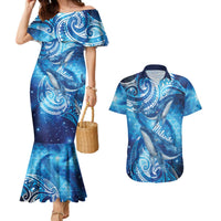 New Zealand Humpback Whale Matariki Couples Matching Mermaid Dress and Hawaiian Shirt Maori New Year Taniko Niho Taniwha LT14 Blue - Polynesian Pride