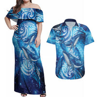 New Zealand Humpback Whale Matariki Couples Matching Off Shoulder Maxi Dress and Hawaiian Shirt Maori New Year Taniko Niho Taniwha LT14 Blue - Polynesian Pride