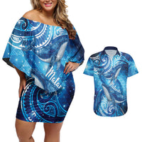 New Zealand Humpback Whale Matariki Couples Matching Off Shoulder Short Dress and Hawaiian Shirt Maori New Year Taniko Niho Taniwha LT14 Blue - Polynesian Pride