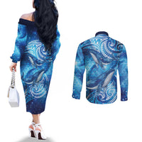 New Zealand Humpback Whale Matariki Couples Matching Off The Shoulder Long Sleeve Dress and Long Sleeve Button Shirt Maori New Year Taniko Niho Taniwha LT14 - Polynesian Pride
