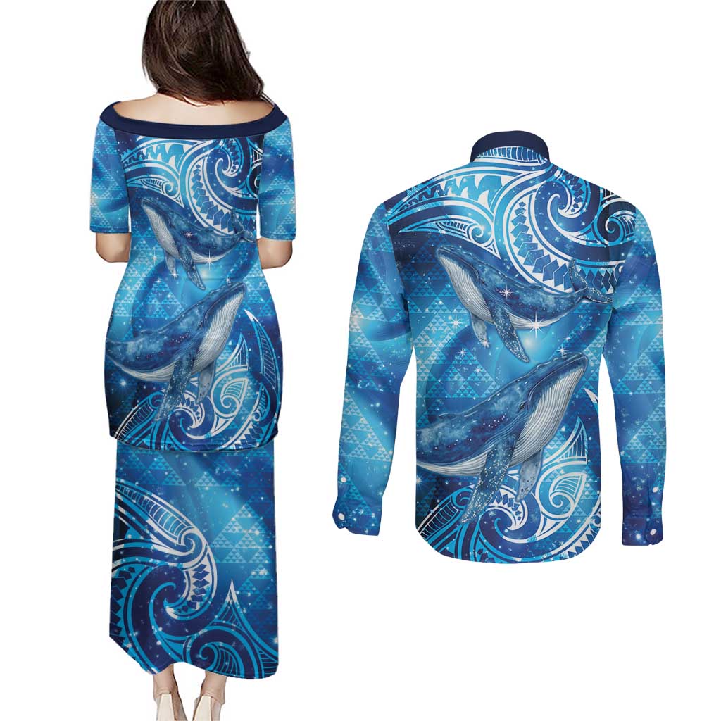 New Zealand Humpback Whale Matariki Couples Matching Puletasi and Long Sleeve Button Shirt Maori New Year Taniko Niho Taniwha LT14 - Polynesian Pride