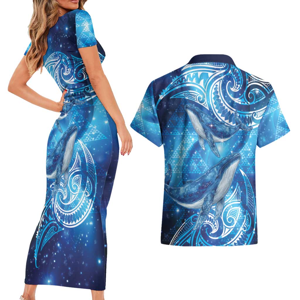 New Zealand Humpback Whale Matariki Couples Matching Short Sleeve Bodycon Dress and Hawaiian Shirt Maori New Year Taniko Niho Taniwha LT14 - Polynesian Pride